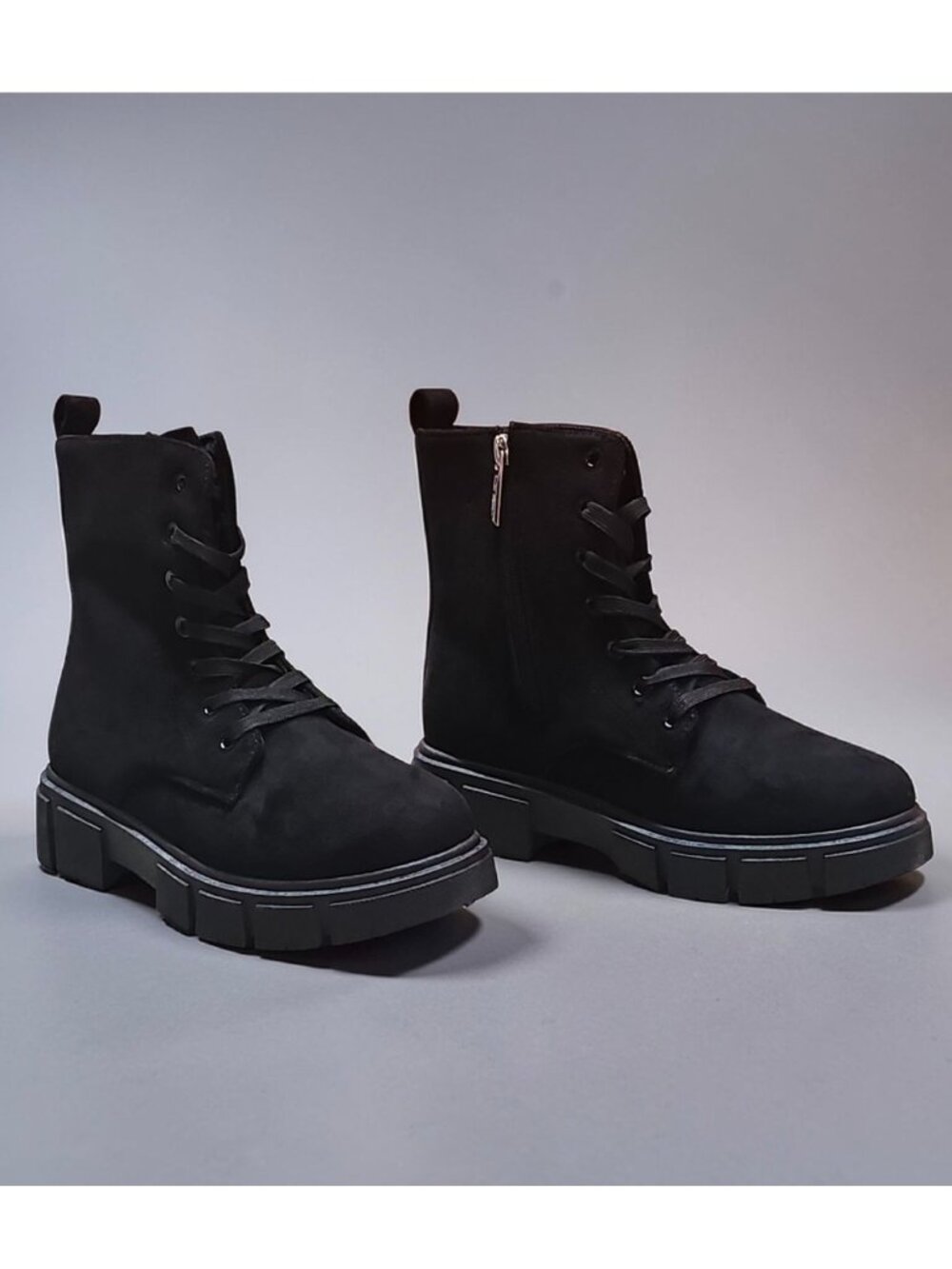 Black Chunky Platform Lace-Up Ankle Boots With Side Zipper Faux Suede Material W
